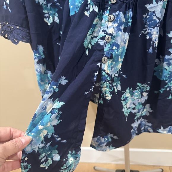 Women's Boho Floral Lace Crochet Trim Blue Tunic Shirt Size 24W Coastal Casual - Picture 6 of 10